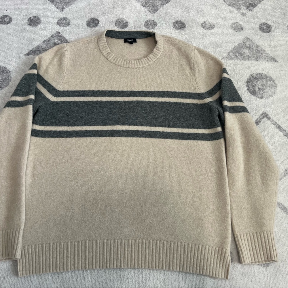 Express Cream Crewneck Sweater with Striped Design
